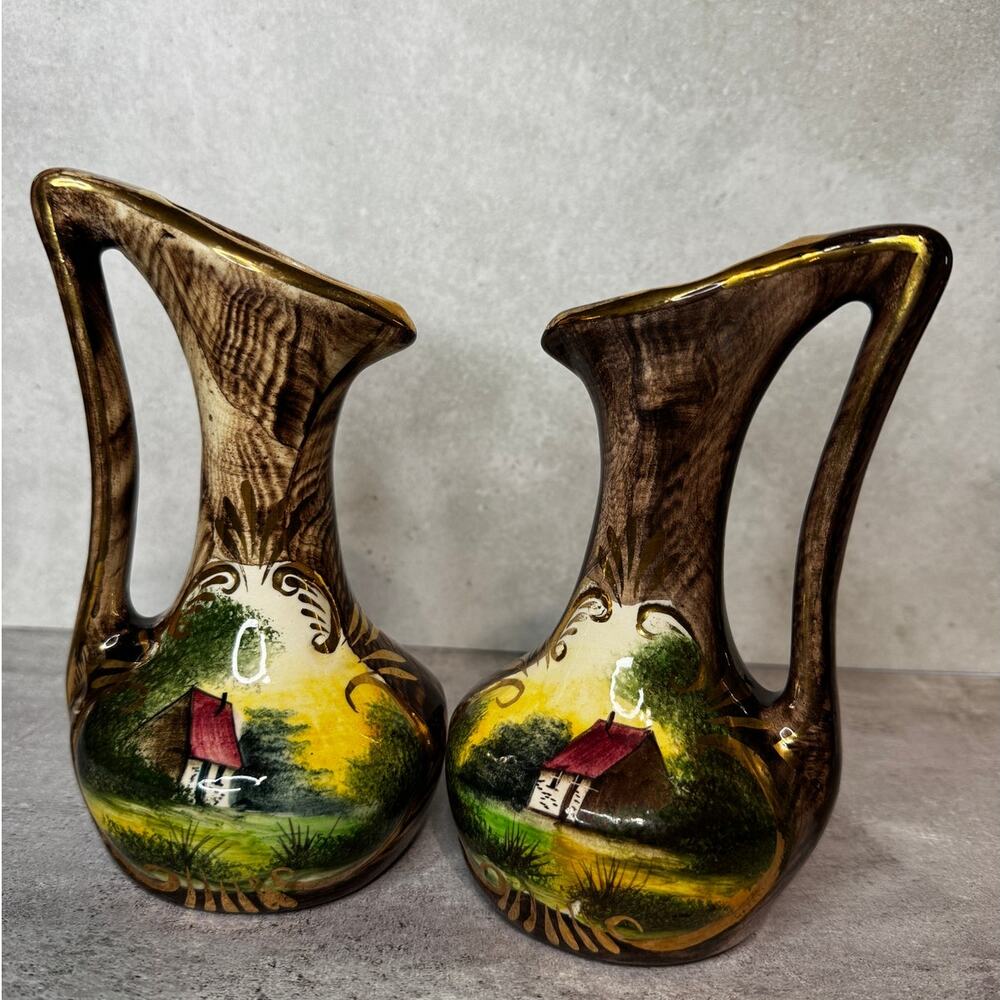 VNTG Set of 2 Hubert Bequet Belgium Art Pottery Vases Cottage Scene & Gold Trim